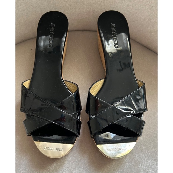 Jimmy Choo Black Patent Leather Platform Sandal Cork Wedges, Gold Toe, Size 37/7 - Picture 2 of 5